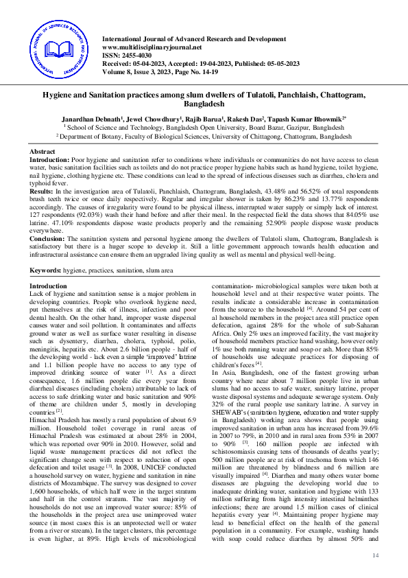 (PDF) Hygiene and Sanitation practices among slum dwellers of Tulatoli ...