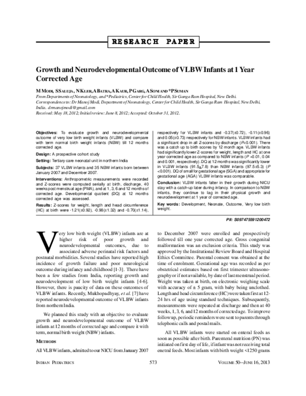 (PDF) Growth and neurodevelopmental outcome of VLBW infants at 1 year ...