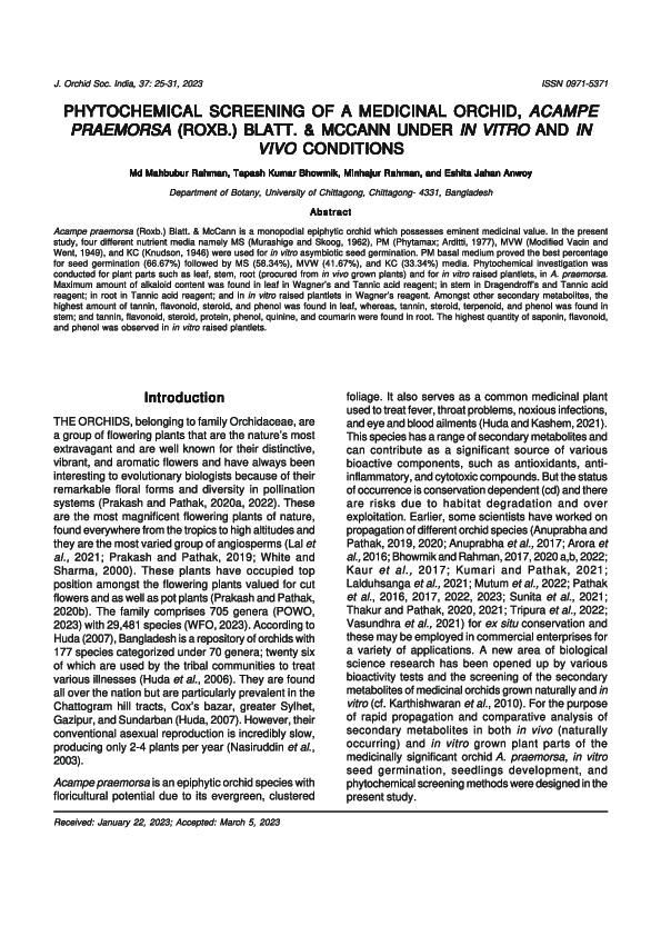 (PDF) Phytochemical screening of a medicinal orchid, Acampe praemorsa ...