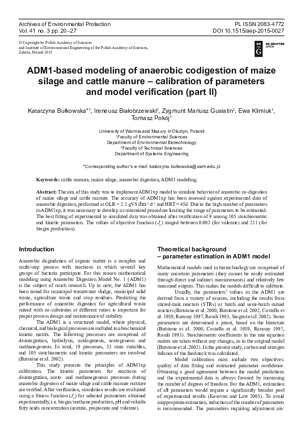 (PDF) ADM1-based modeling of anaerobic codigestion of maize silage and ...