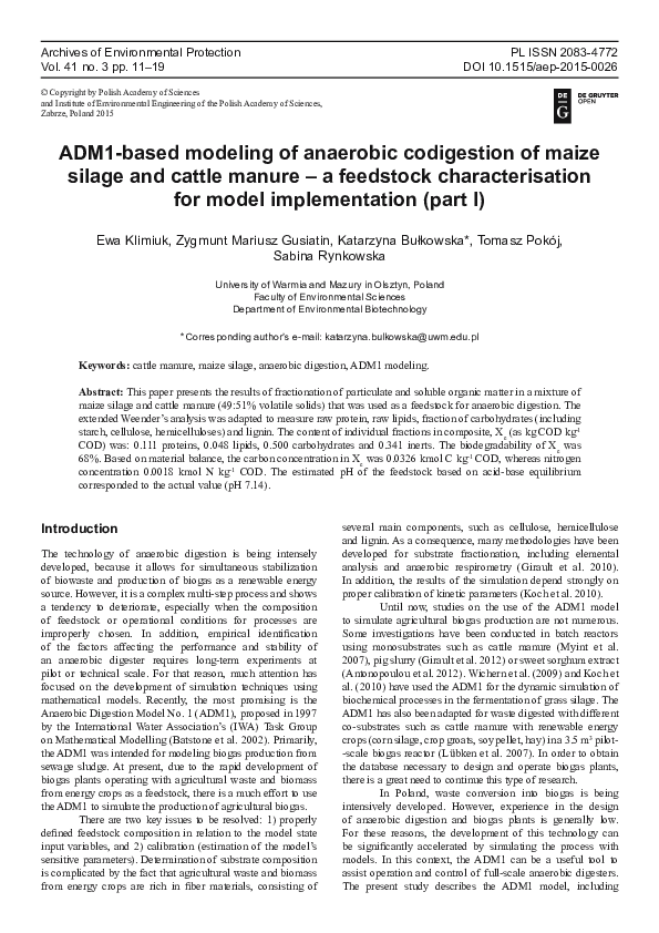 (PDF) ADM1-based modeling of anaerobic codigestion of maize silage and ...
