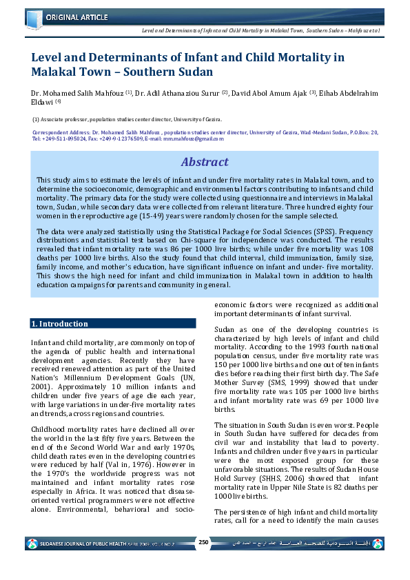 (PDF) Level and Determinants of Infant and Child Mortality in Malakal ...