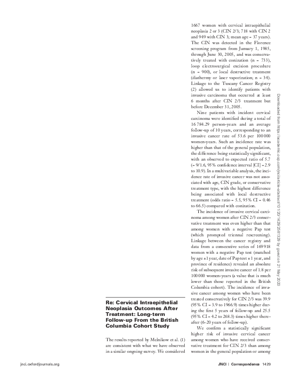 (PDF) Re: Cervical Intraepithelial Neoplasia Outcomes After Treatment ...