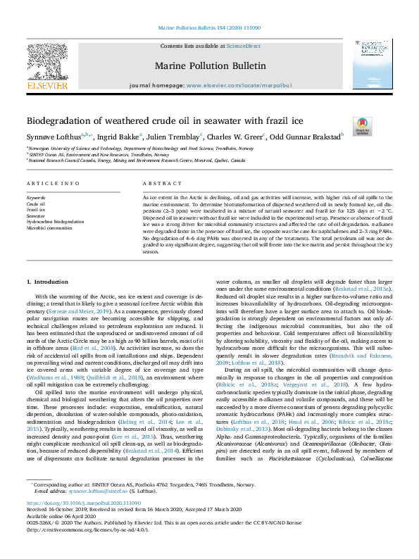 (PDF) Biodegradation of weathered crude oil in seawater with frazil ice