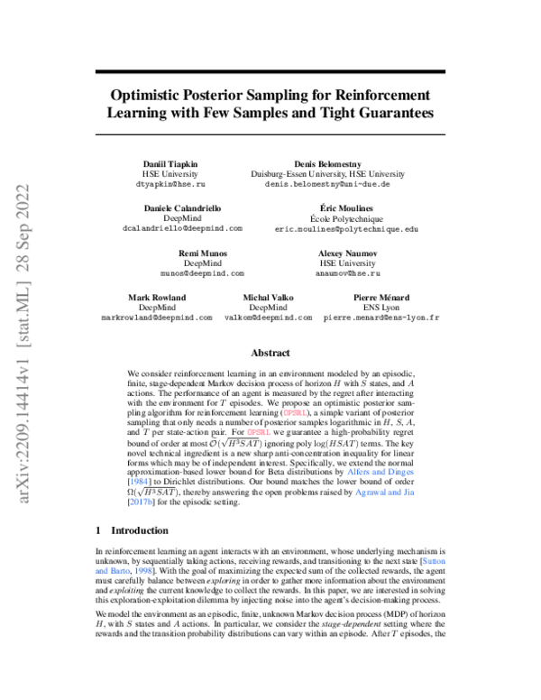 (PDF) Optimistic Posterior Sampling for Reinforcement Learning with Few ...