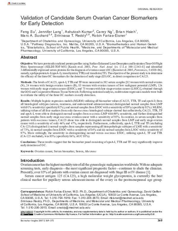 (PDF) Validation of Candidate Serum Ovarian Cancer Biomarkers for Early ...