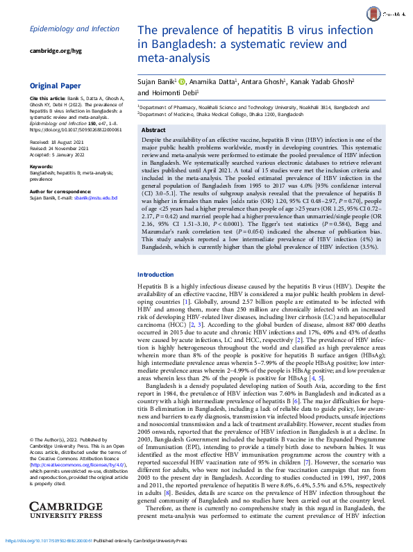 (PDF) The prevalence of hepatitis B virus infection in Bangladesh: a ...