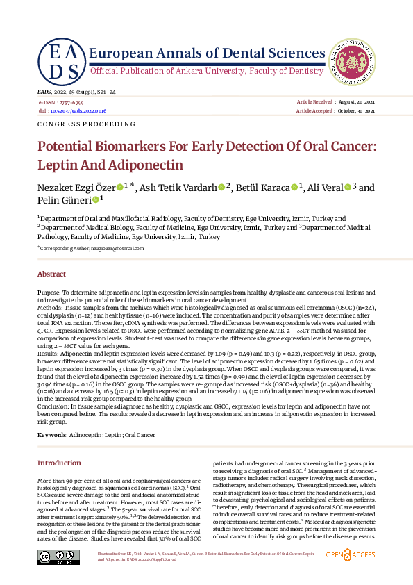 (PDF) Potential Biomarkers for Early Detection of Oral Cancer: Leptin ...