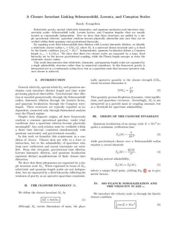 (PDF) A Closure Invariant Linking Schwarzschild, Lorentz, and Compton ...