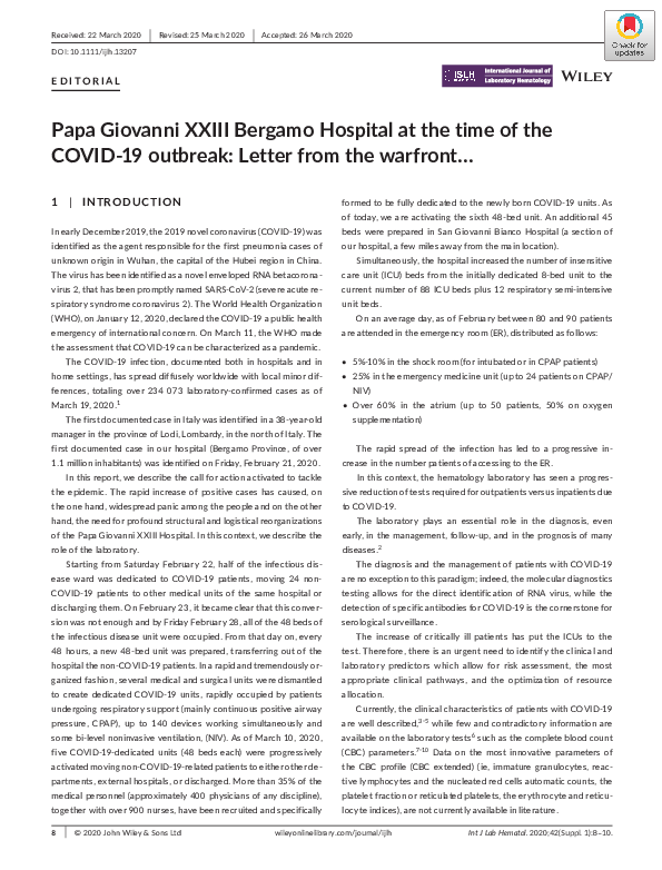 (PDF) Papa Giovanni XXIII Bergamo Hospital at the time of the COVID‐19 ...