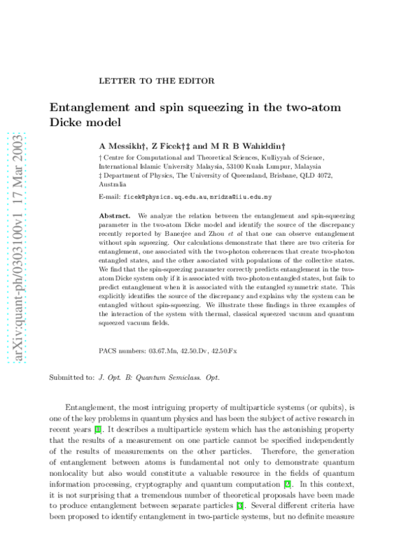 (PDF) Entanglement and spin squeezing in the two-atom Dicke model