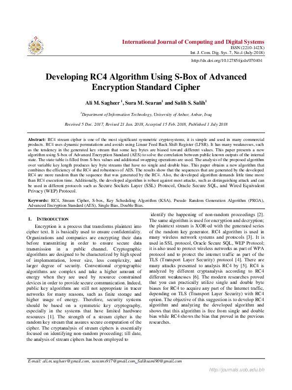 (PDF) Developing RC4 Algorithm Using S-Box of Advanced Encryption ...