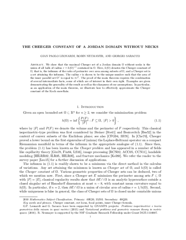 (PDF) The Cheeger constant of a Jordan domain without necks