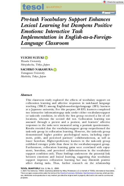 (PDF) Pre-task Vocabulary Support Enhances Lexical Learning but Dampens ...