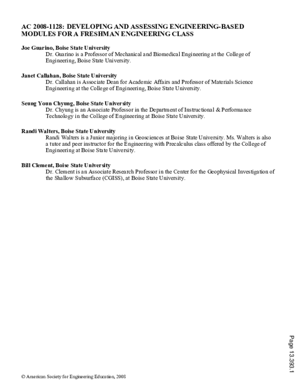 (PDF) Developing And Assessing Engineering Based Modules For A Freshman ...