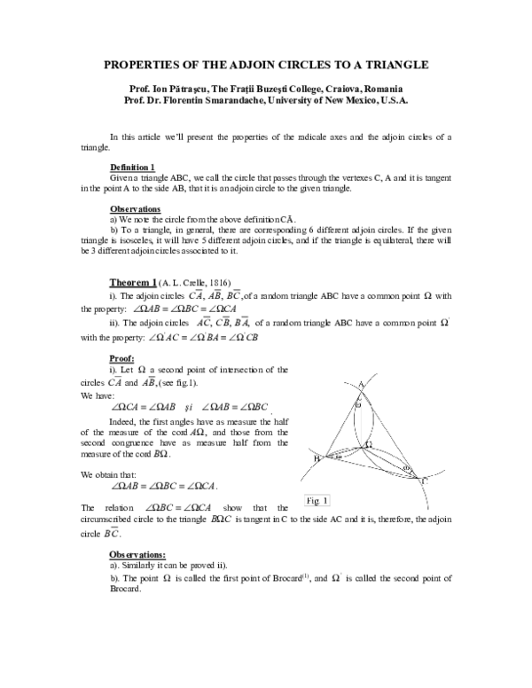 (PDF) Properties of the Adjoin Circles to a Triangle