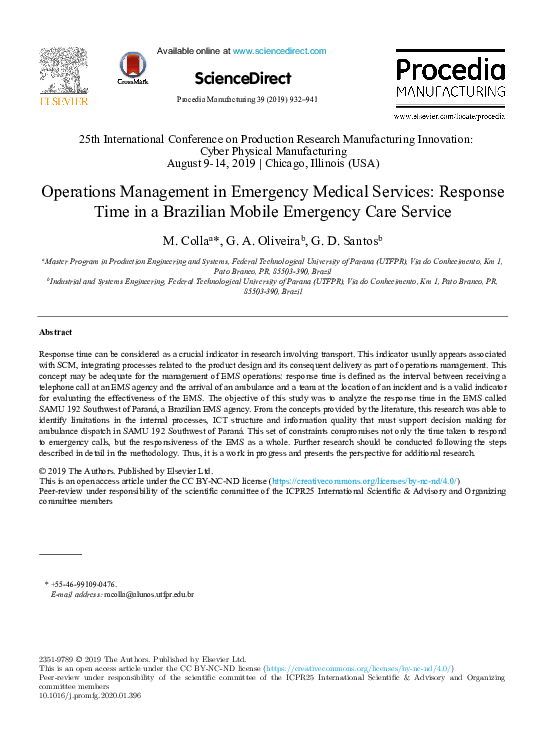 (PDF) Operations Management in Emergency Medical Services: Response ...