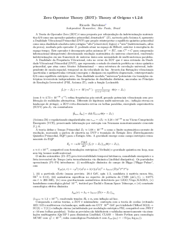(PDF) Zero Operator Theory (ZOT): Theory of Origens v1.2.6