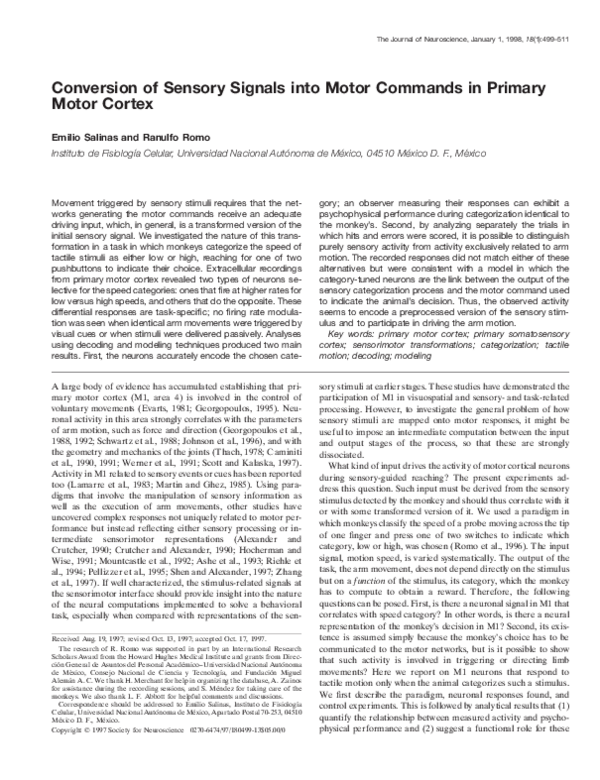 (PDF) Conversion of Sensory Signals into Motor Commands in Primary ...