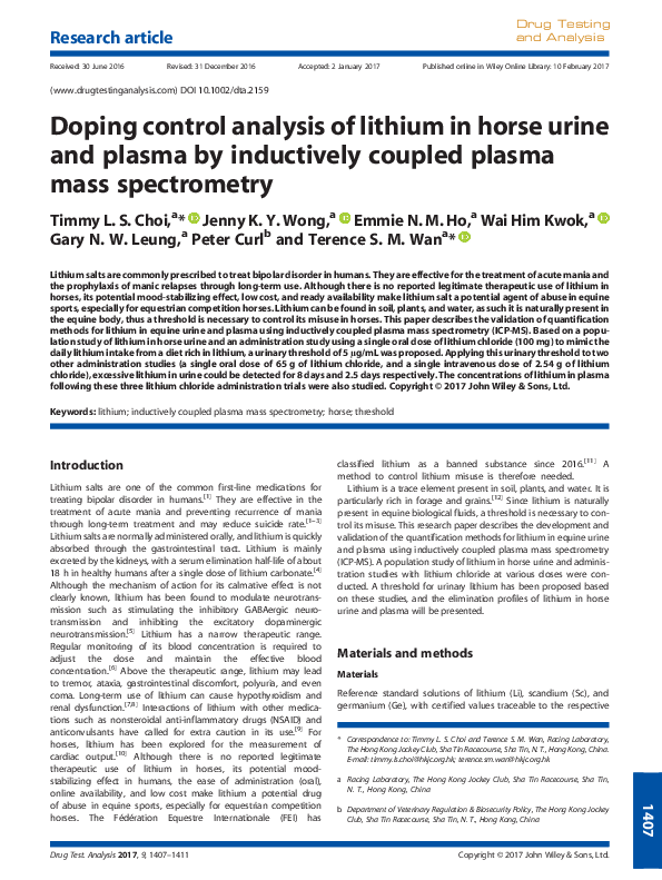 (PDF) Doping control analysis of lithium in horse urine and plasma by ...