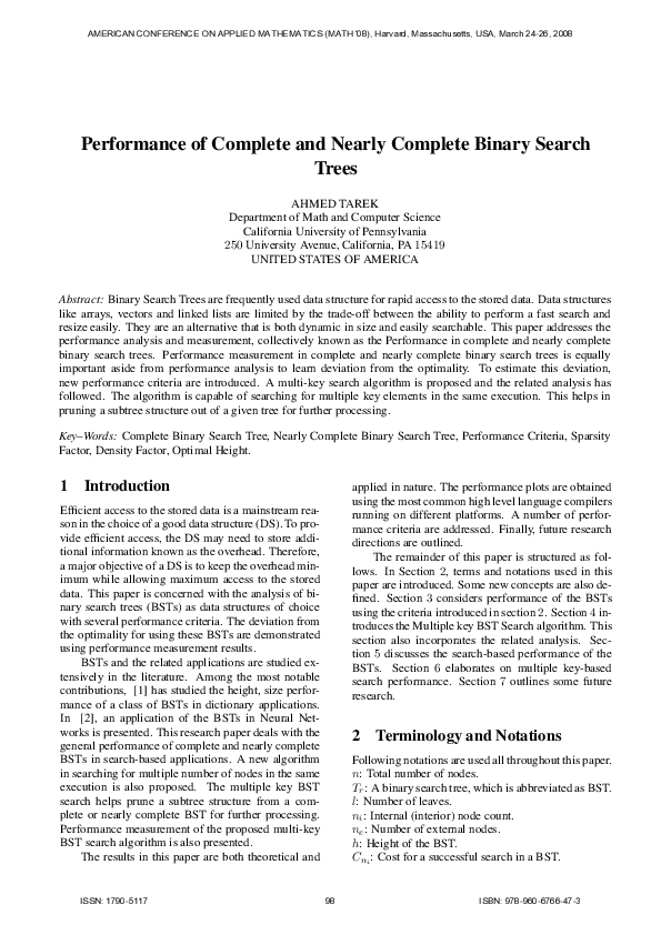 (PDF) Performance of Complete and Nearly Complete Binary Search Trees
