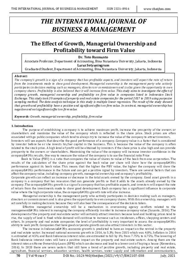 (PDF) The Effect of Growth, Managerial Ownership and Profitability ...