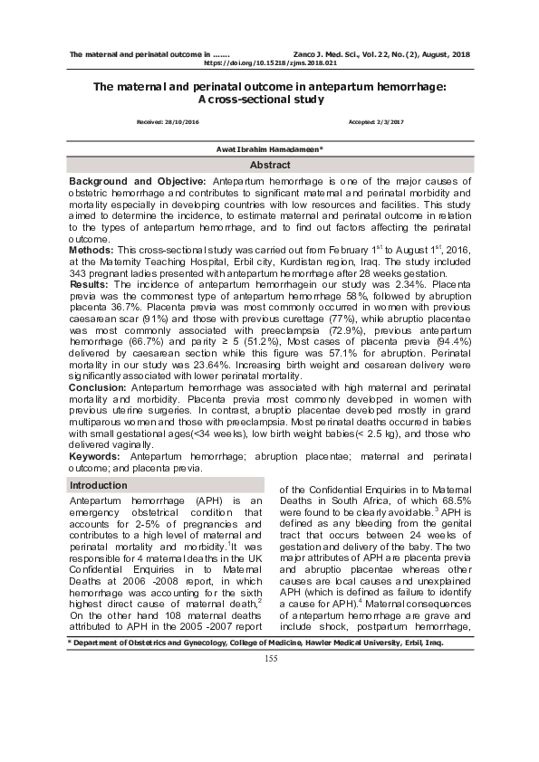 (PDF) The maternal and perinatal outcome in antepartum hemorrhage: A ...