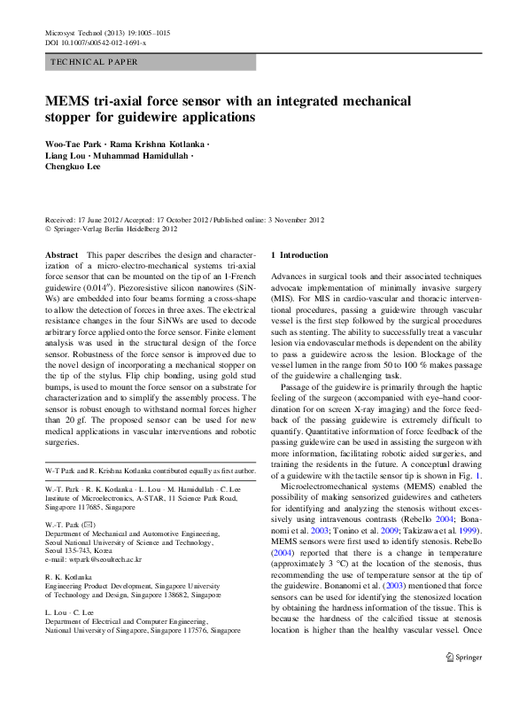 (PDF) MEMS tri-axial force sensor with an integrated mechanical stopper ...