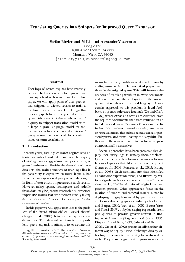 (PDF) Translating queries into snippets for improved query expansion