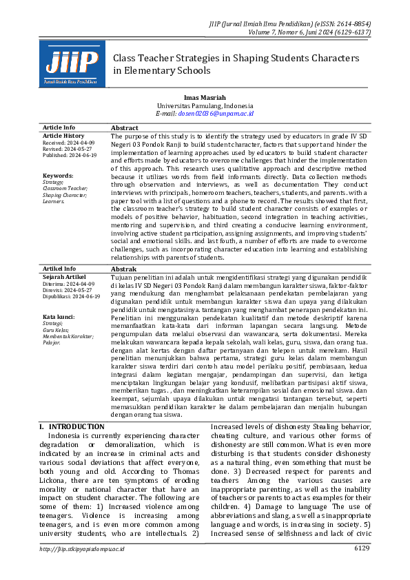 (PDF) Class Teacher Strategies in Shaping Students Characters in ...