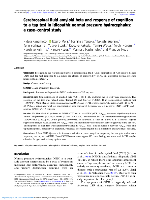 (PDF) Cerebrospinal fluid amyloid beta and response of cognition to a ...
