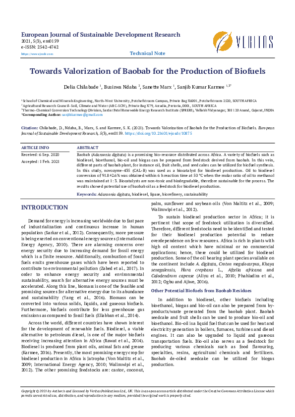 (PDF) Towards Valorization of Baobab for the Production of Biofuels