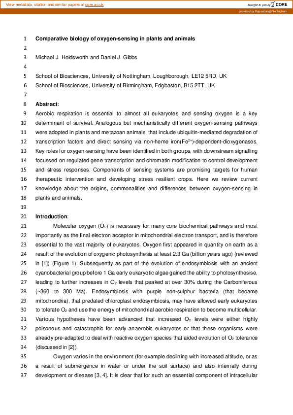 (PDF) Comparative Biology of Oxygen Sensing in Plants and Animals