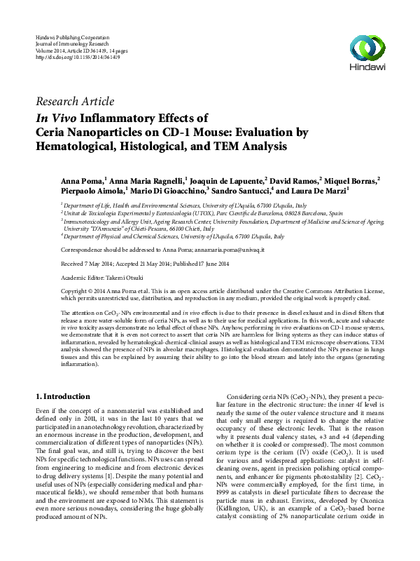 (PDF) In vivo inflammatory effects of ceria nanoparticles on CD-1 mouse ...