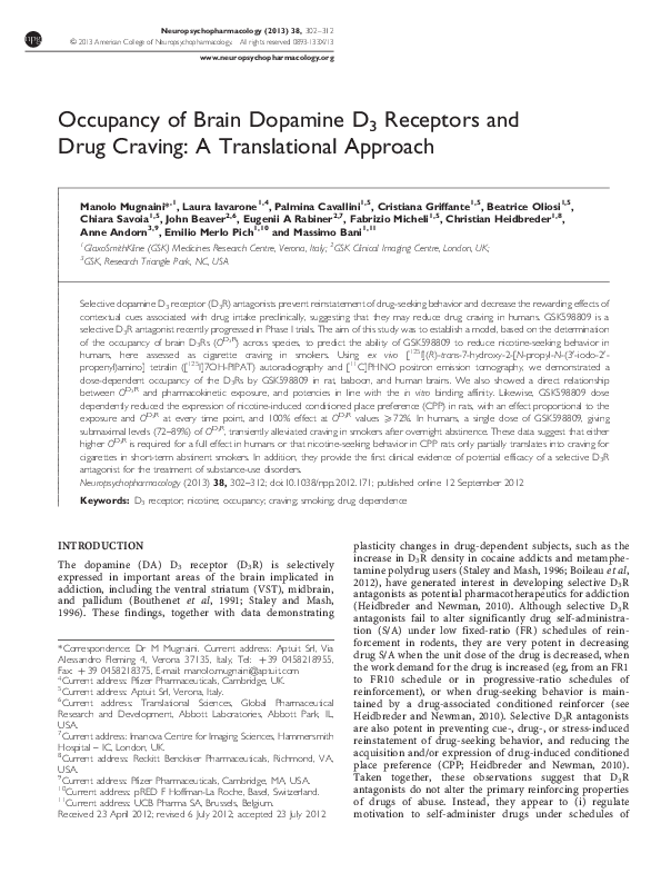 (PDF) Occupancy of Brain Dopamine D3 Receptors and Drug Craving: A ...