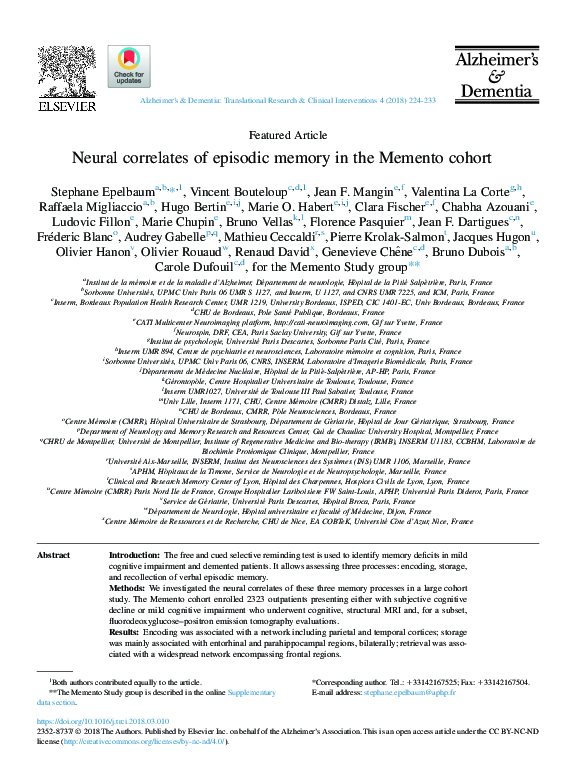(PDF) Neural correlates of episodic memory in the Memento cohort