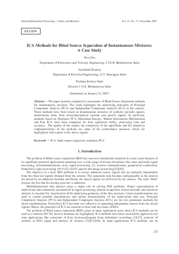 (PDF) ICA Methods for Blind Source Separation of Instantaneous Mixtures ...