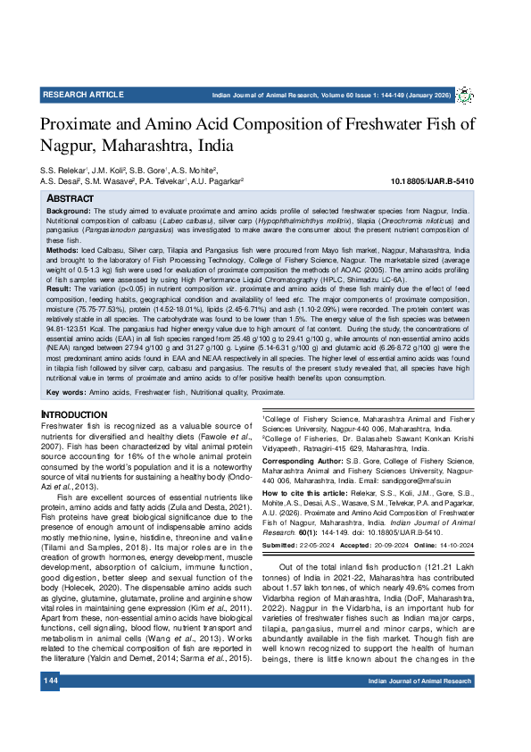 (PDF) Proximate and Amino Acid Composition of Freshwater Fish of Nagpur ...