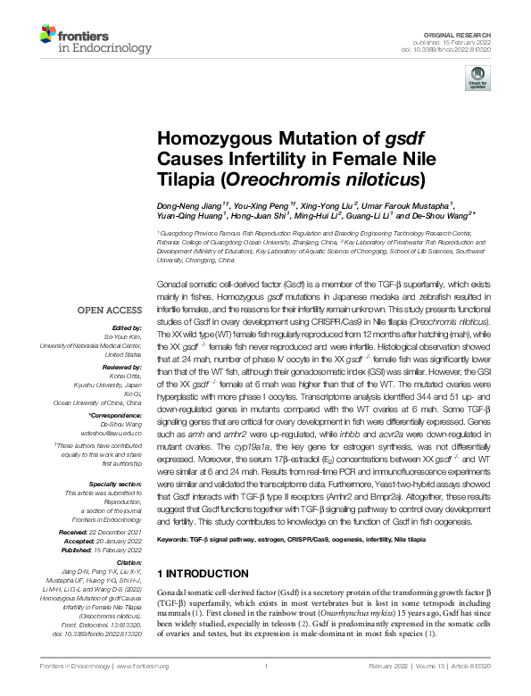 (PDF) Homozygous Mutation of gsdf Causes Infertility in Female Nile ...