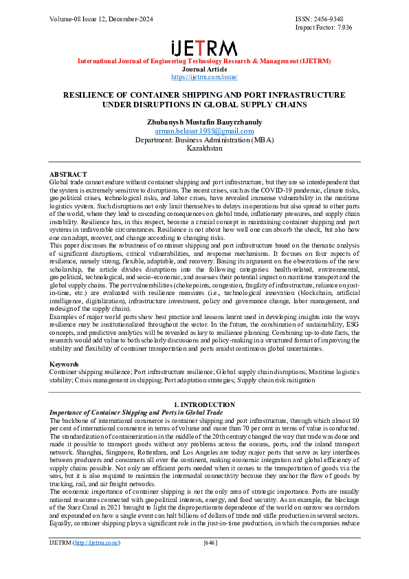 (PDF) RESILIENCE OF CONTAINER SHIPPING AND PORT INFRASTRUCTURE UNDER ...