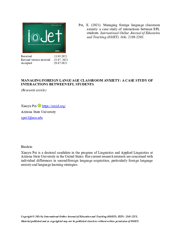 (PDF) MANAGING FOREIGN LANGUAGE CLASSROOM ANXIETY: A CASE STUDY OF ...