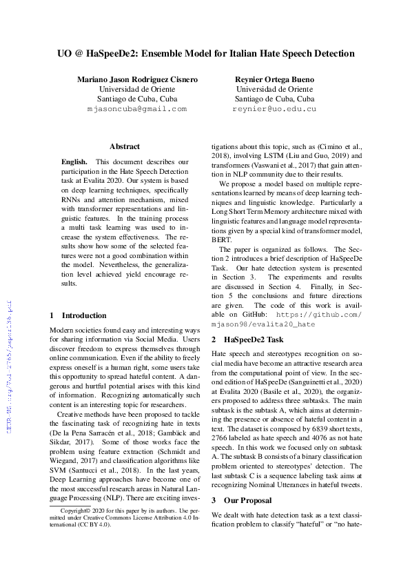(PDF) UO @ HaSpeeDe2: Ensemble Model for Italian Hate Speech Detection