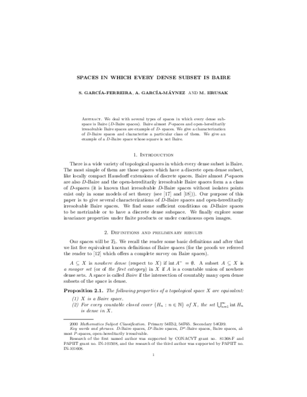 (PDF) Spaces in which every dense subset is baire