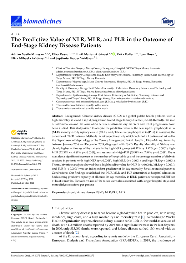 (PDF) The Predictive Value of NLR, MLR, and PLR in the Outcome of End ...