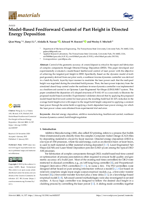 (PDF) Model-Based Feedforward Control of Part Height in Directed Energy ...