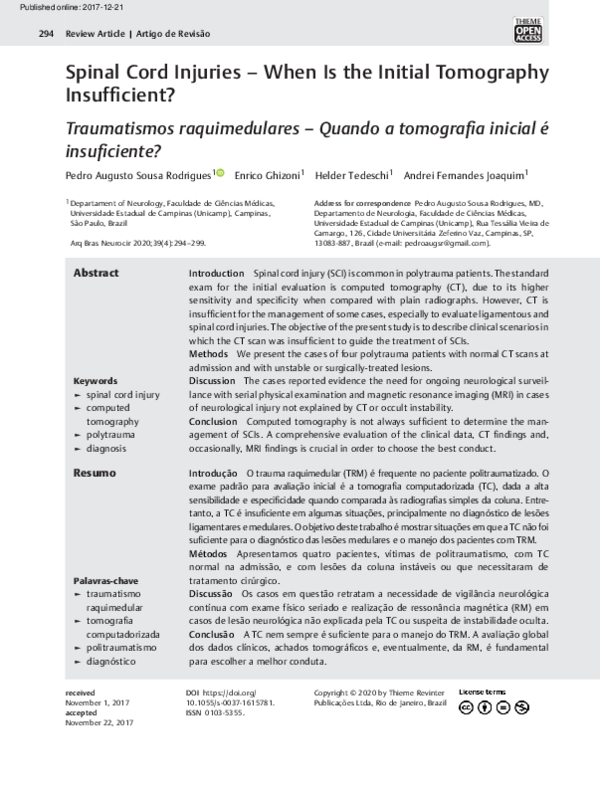 (PDF) Spinal Cord Injuries – When Is the Initial Tomography Insufficient?