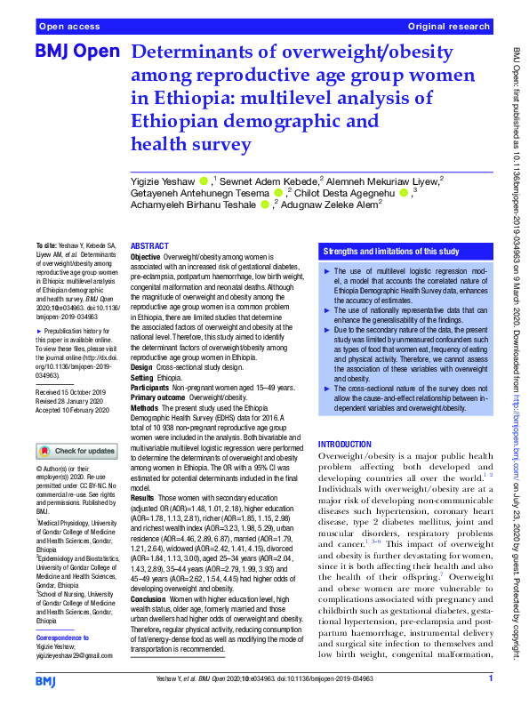 (PDF) Determinants of overweight/obesity among reproductive age group ...