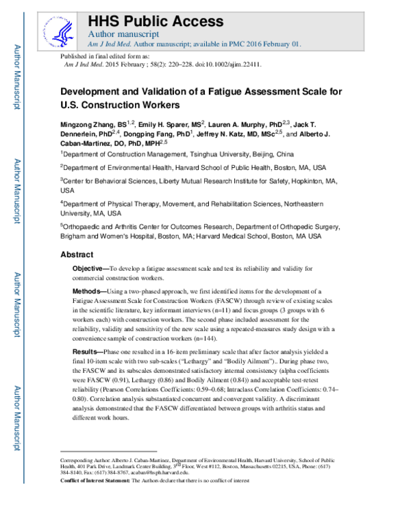 (PDF) Development and validation of a fatigue assessment scale for U.S ...