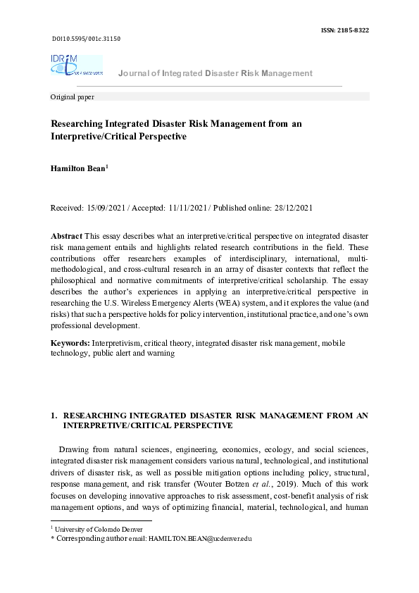 (PDF) Researching Integrated Disaster Risk Management from an ...