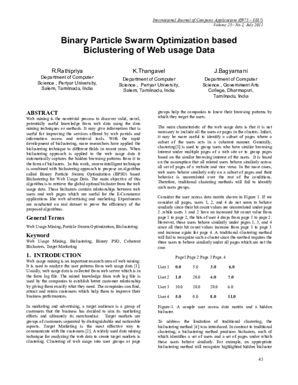 (PDF) Binary Particle Swarm Optimization based Biclustering of Web ...